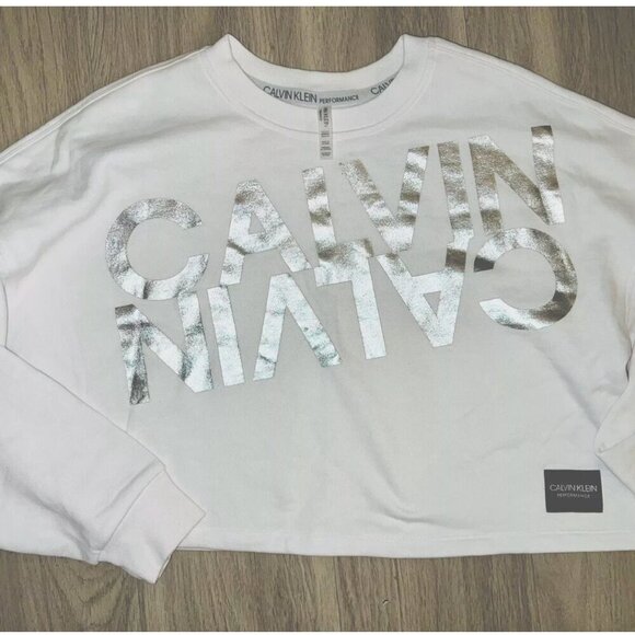 CALVIN KLEIN  LONG SLEEVE SILVER WHITE CROP PULLOVER SWEATER SIZE S - Picture 3 of 7